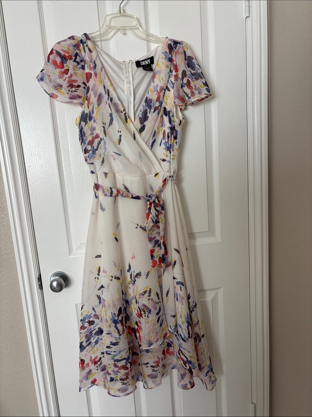 DKNY Cream Floral Midi Wrap Dress